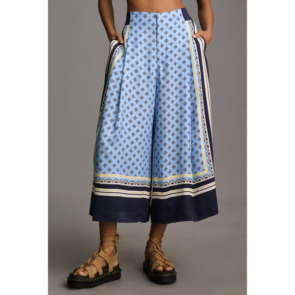 Maeve Pants - Maeve Light Blue & Navy Wide-Leg Printed Culottes